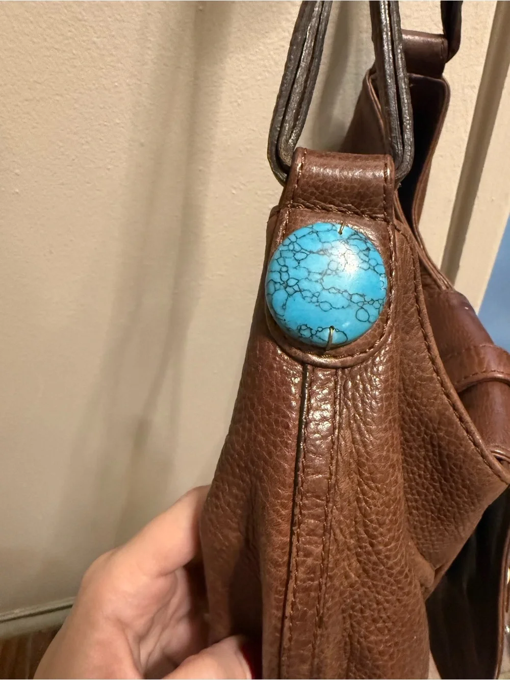 Boho Brown Leather Shoulder Bag with Turquoise & Coral Embellishments Cole Haan